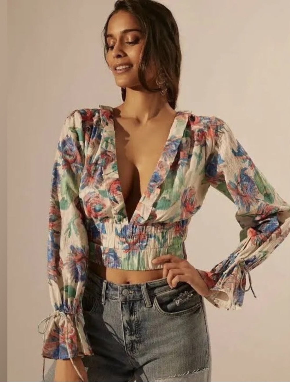Anthropologie cotton White Floral Tie-Back Cropped Blouse - Red Blue Green
